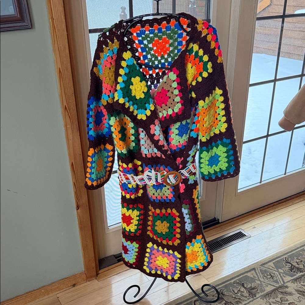 Upcycled Handmade Colorful Crochet Patchwork Cardigan w Matching Dog Coat
